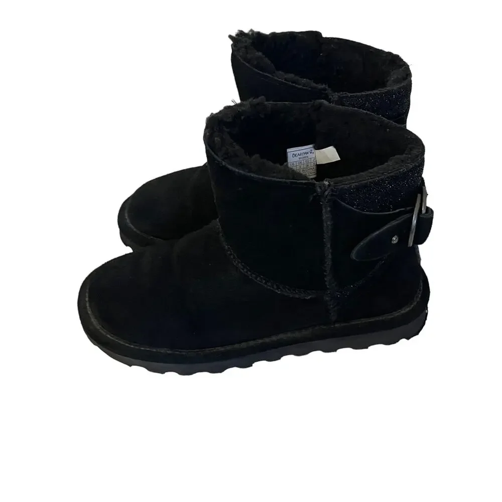 BearPaw Youth Girls Size 3.5 Womens 5 Black Cow Suede Sheep Skin Snow‎ Boots